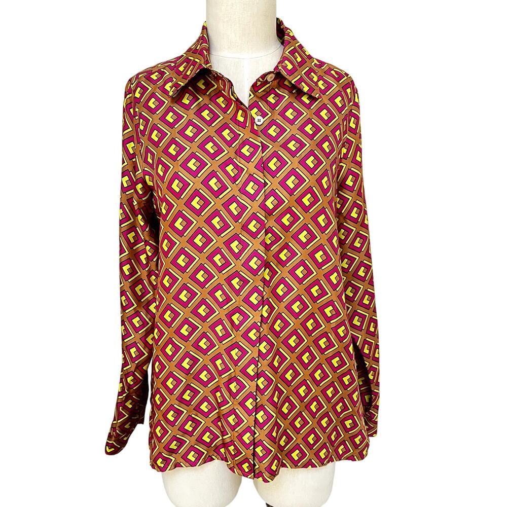 Per Se By Carlise Silk Button-down Blouse Modern Geometric Print  Size 6